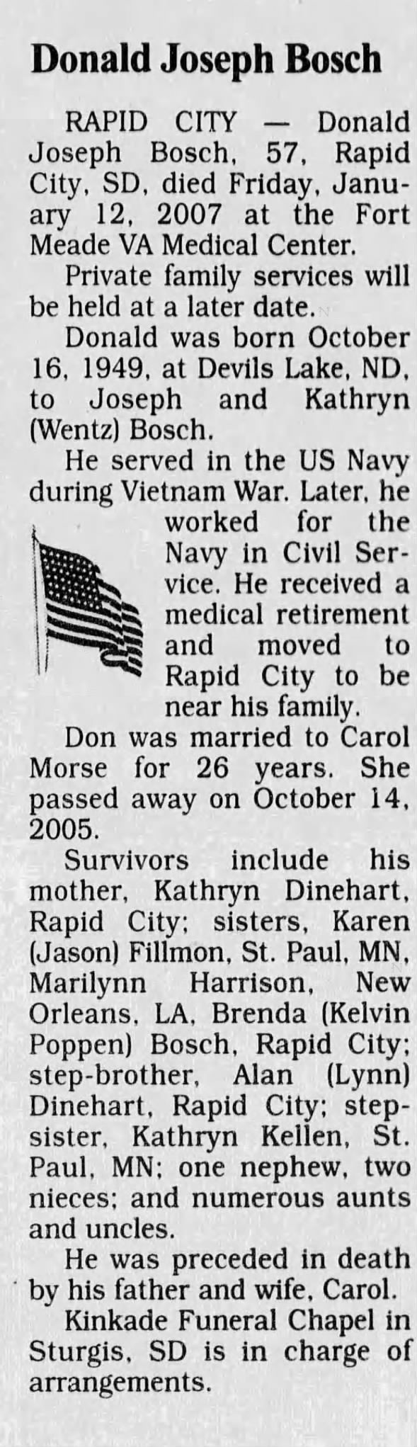 Obituary for Donald Joseph Bosch, 1949-2007 (Aged 57)